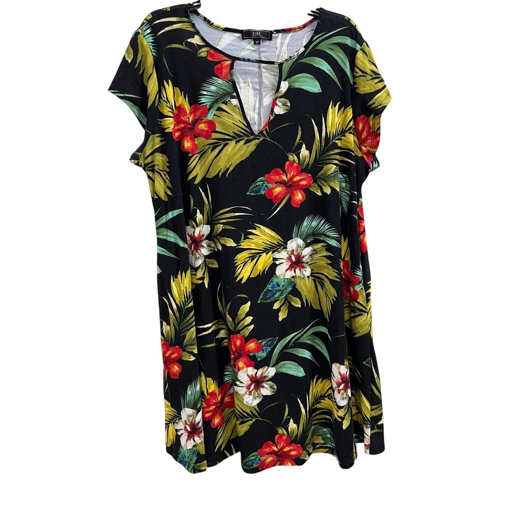 Vibe Black Jersey knit capped sleeve tropical floral dress pockets plus sz XXL